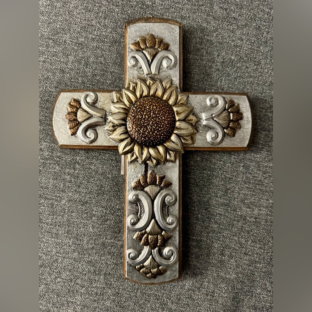 Handmade Mexican Decorative Wall Cross with Tooled Metal Wood Sunflower Design - Picture 2 of 6